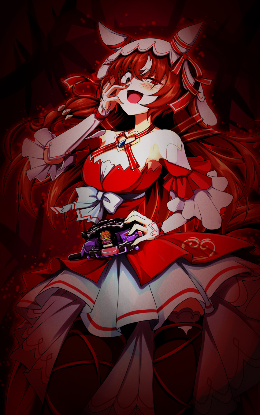 1girl, absurdres, animal_ears, aura, bitter_gavv, blush, breasts, brown_hair, collarbone, commentary_request, commission, crazy_eyes, detached_sleeves, g_(genesis1556), hair_ornament, henshin_pose, highres, horse_ears, horse_girl, kamen_rider_bitter_gavv, long_hair, looking_at_viewer, open_mouth, red_eyes, skeb_commission, small_breasts, solo, still_in_love_(umamusume), thighhighs, umamusume, veil