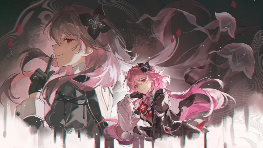 1girl, asymmetrical_sleeves, black_dress, black_flower, black_gloves, closed_mouth, dress, evernight_(honkai:_star_rail)