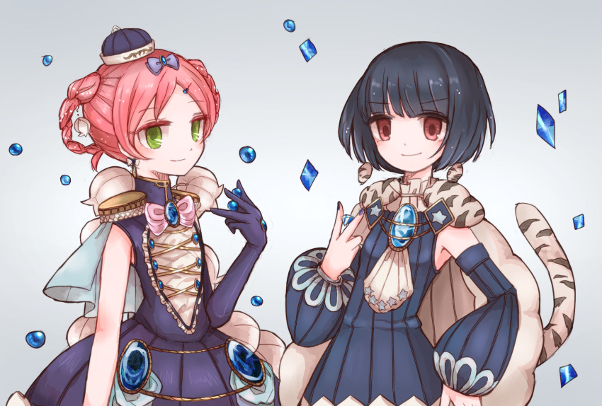 2girls, black_hair, bluebell_candy, butter_run, candy, food, gem, gloves