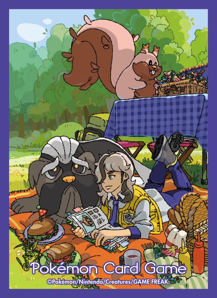 1boy, arven_(pokemon), berry_(pokemon), blue_eyes, blue_sky, book, bookmark, border