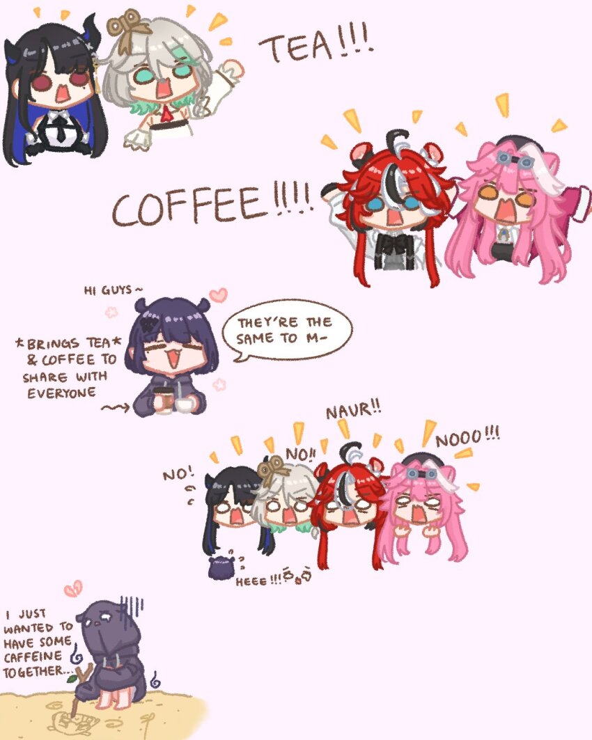 6+girls, animal_ears, aqua_eyes, aqua_hair, asymmetrical_horns, bare_shoulders, beret, black_hair