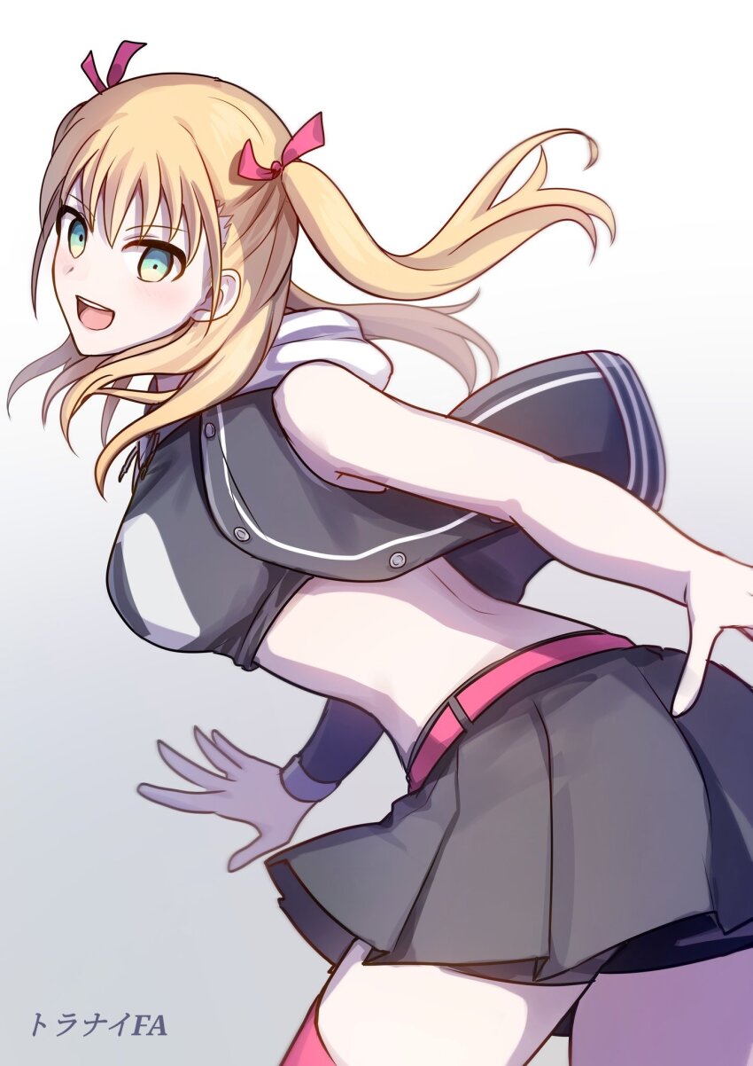 1girl, :d, arm_warmers, ass, bare_shoulders, belt, bike_shorts, bike_shorts_under_skirt