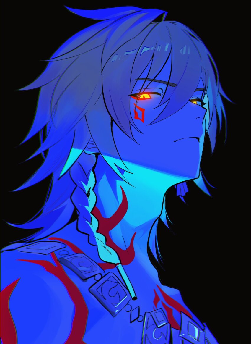 1boy, black_background, blonde_hair, braid, chest_tattoo, earrings, facial_tattoo, glowing