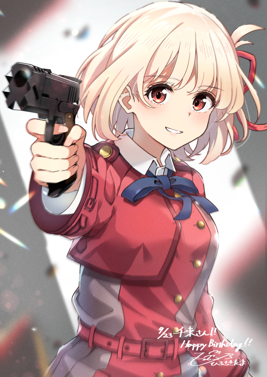 1girl, absurdres, belt, blonde_hair, blue_ribbon, blurry, blurry_background, blush, bob_cut, commentary_request, depth_of_field, dress, grey_dress, gun, hair_ribbon, handgun, happy_birthday, highres, hiro5000_tama, holding, holding_gun, holding_weapon, looking_at_viewer, lycoris_recoil, lycoris_uniform, m1911, neck_ribbon, nishikigi_chisato, one_side_up, pleated_dress, red_belt, red_dress, red_ribbon, ribbon, short_hair, smile, solo, two-tone_dress, upper_body, weapon
