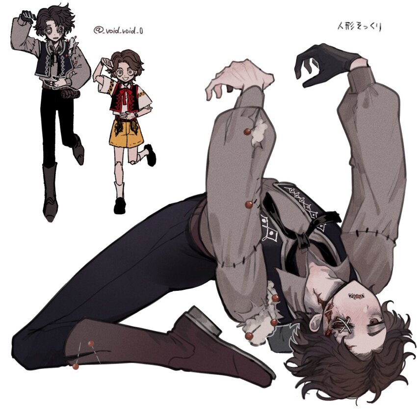 1boy, 2boys, adam's_apple, arched_back, arms_up, black_gloves, black_pants, black_ribbon