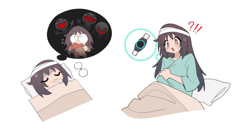 !?, bandages, belt, genderswap, genderswap_(mtf), glasses, goz-zz, highres, hospital_gown, kamen_rider, kamen_rider_zeztz_(series), pillow, red_eyes, sleeping, surprised, turn_pale, unworn_eyewear, yorozu_baku