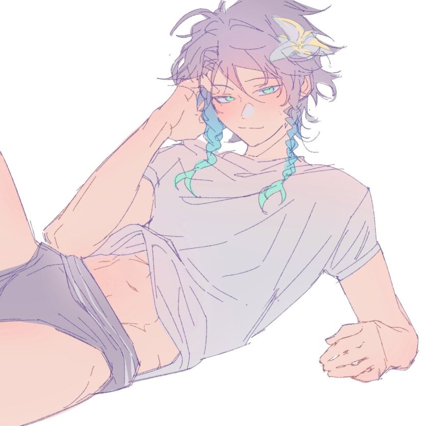 1boy, adjusting_hair, alternate_costume, aqua_eyes, aqua_hair, black_hair, black_male_underwear, braid