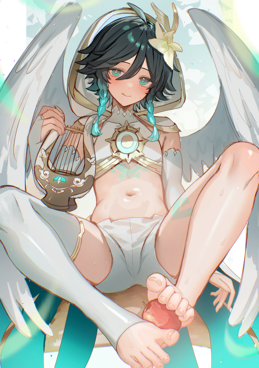 1boy, apple, aqua_hair, barefoot, between_feet, black_hair, blush, braid, bridal_gauntlets, capelet, cecilia_flower_(genshin_impact), chest_tattoo, closed_mouth, commentary_request, covered_collarbone, crop_top, feathered_wings, flower, food, fruit, genshin_impact, gradient_hair, groin, hair_between_eyes, hair_flower, hair_ornament, highres, holding, holding_instrument, hood, hood_up, hooded_capelet, instrument, leg_tattoo, looking_at_viewer, lyre, male_focus, midriff, mocchiri290, multicolored_hair, navel, official_alternate_costume, partial_commentary, saliva, shirt, short_hair_with_long_locks, shorts, side_braids, sidelocks, single_thighhigh, sitting, sleeveless, sleeveless_shirt, smile, solo, stirrup_legwear, sweat, tattoo, thighhighs, toeless_legwear, tongue, tongue_out, twin_braids, venti_(archon)_(genshin_impact), venti_(genshin_impact), white_capelet, white_flower, white_shirt, white_shorts, white_thighhighs, white_wings, wings