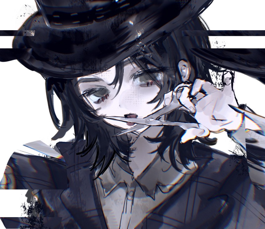 1girl, amanda_gaddis, bags_under_eyes, black_hair, black_jacket, colored_eyelashes, empty_eyes, green_eyes, grey_shirt, hat, identity_v, jacket, littleoowlet, looking_at_viewer, lower_eyelashes_only, pinky_out, scissors, shirt, tongue, tongue_out, top_hat