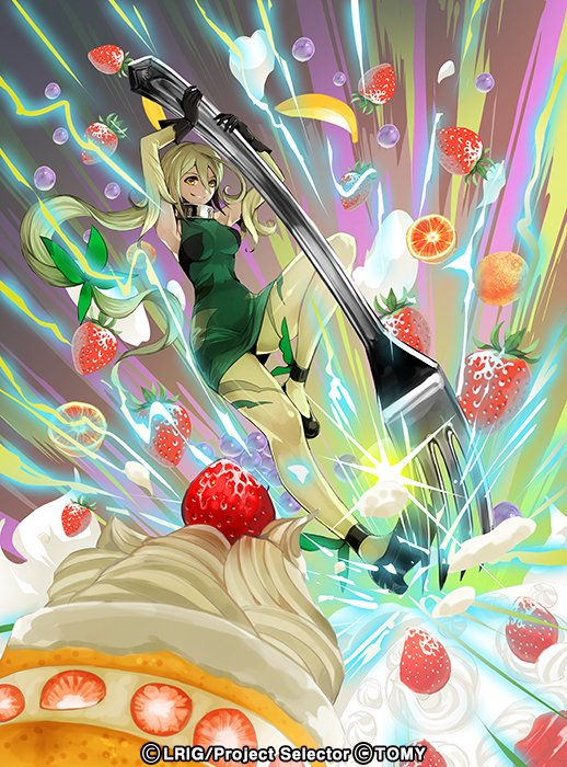 1girl, armpits, bare_shoulders, black_gloves, black_shoes, cake, copyright_notice, detached_sleeves