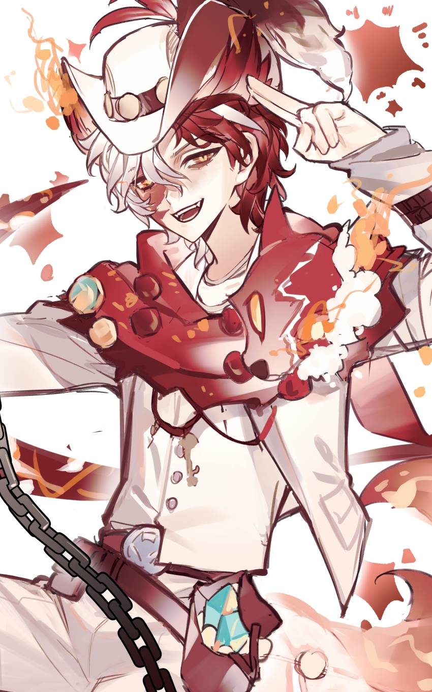 1boy, :d, absurdres, bag, chain, fangs, fire, florian_brand