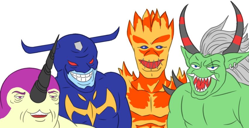 devimon, digimon, digimon_(creature), drimogemon, earrings, havok_(pixiv_user_10107027), horns, jewelry, looking_at_viewer, marvel, me_and_the_boys_(meme), meme, meramon, orgemon, sharp_teeth, simple_background, smile, spider-man_(series), teeth, white_background