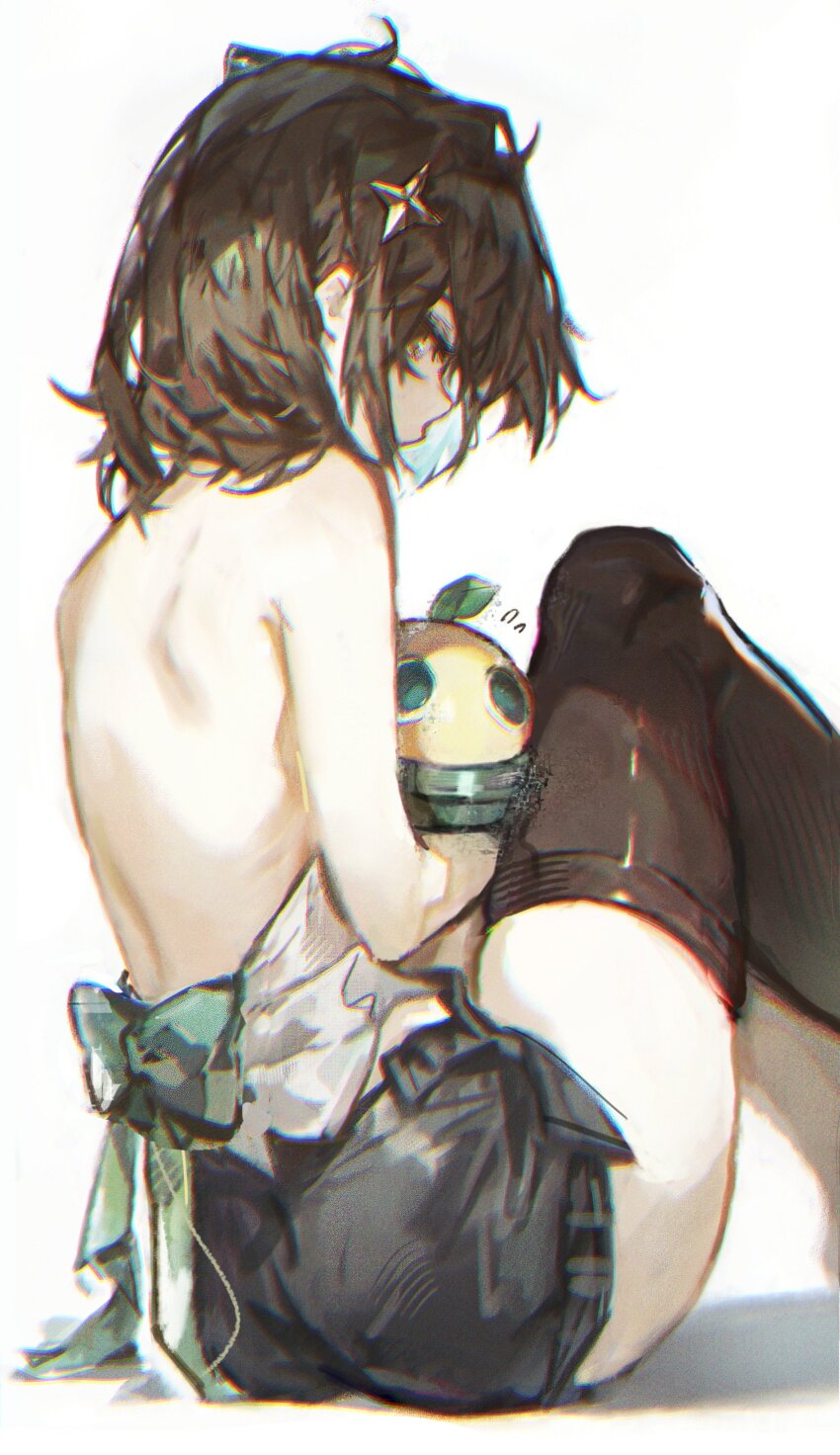 1girl, absurdres, ass, barefoot, black_shorts, black_thighhighs, bose, brown_hair