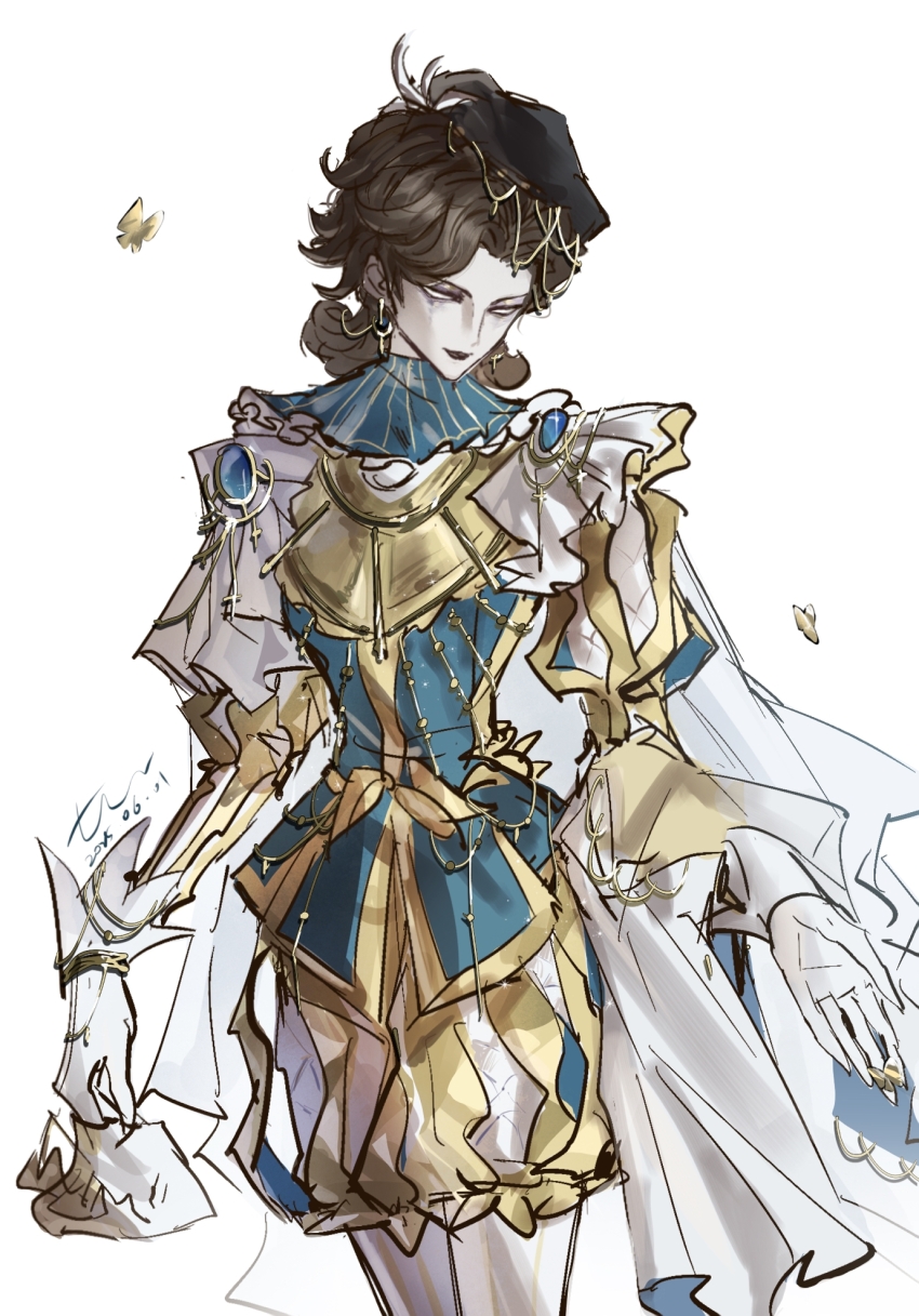 1girl, 42300086, black_hat, black_lips, bloomers, blue_gem, blue_shirt, brown_hair