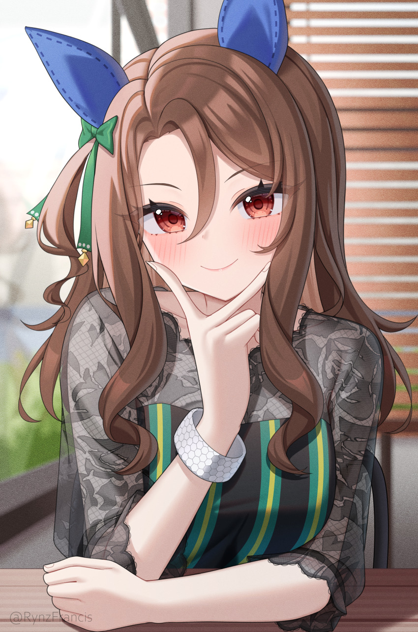 1girl, absurdres, animal_ears, artist_name, black_shirt, blush, brown_hair, chair
