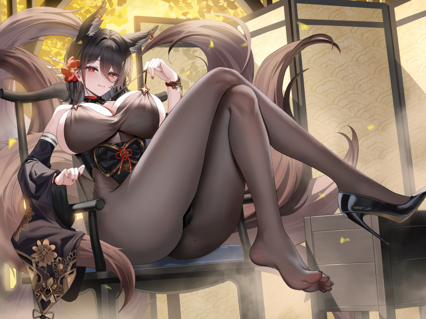 1girl, absurdres, animal_ears, azur_lane, black_hair, blush, breasts, chair, crossed_legs, feet, highres, large_breasts, light_smile, long_hair, looking_at_viewer, mole, mole_under_eye, oumi_(azur_lane), pantyhose, red_eyes, shoes, single_shoe, sitting, smell, soles, steam, toes, yijiufantexi