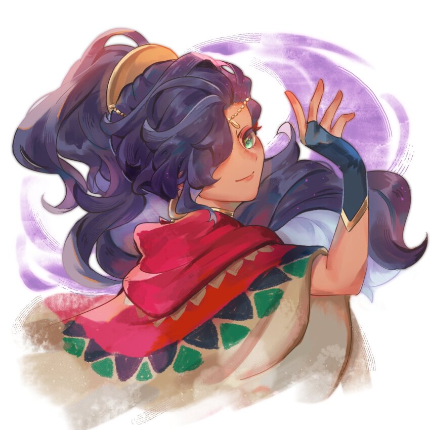 1girl, blue_hair, circlet, closed_mouth, crescent, crescent_earrings, dark-skinned_female, dark_skin