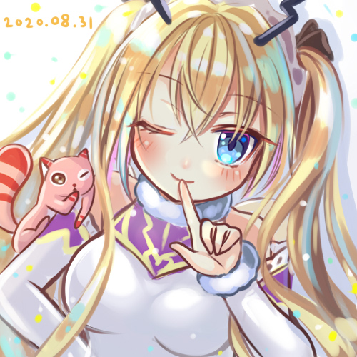 1girl, bare_shoulders, blonde_hair, blue_eyes, breasts, dated, detached_sleeves, emil_chronicle_online