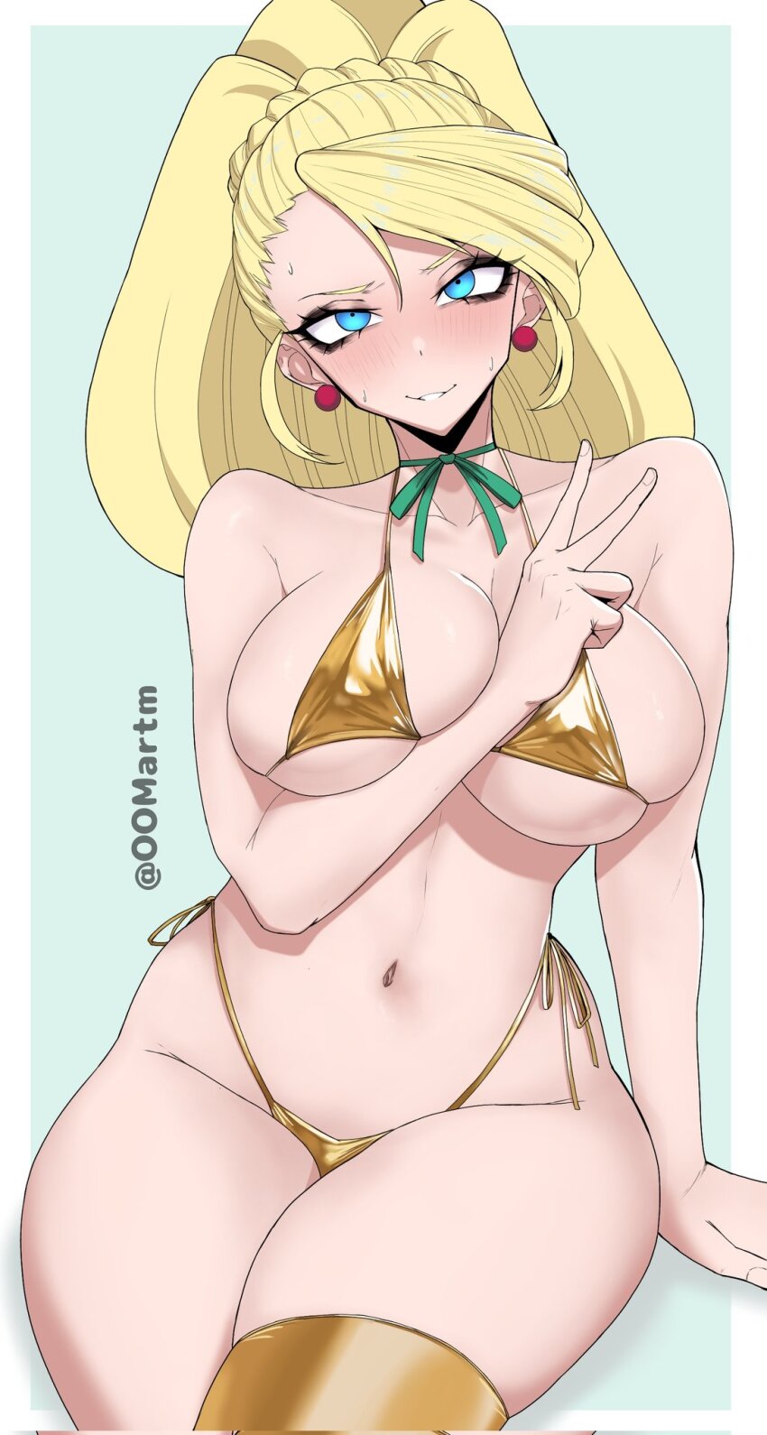 1girl, arm_under_breasts, armpit_crease, bikini, black_eyeshadow, blonde_hair, blue_eyes, blush