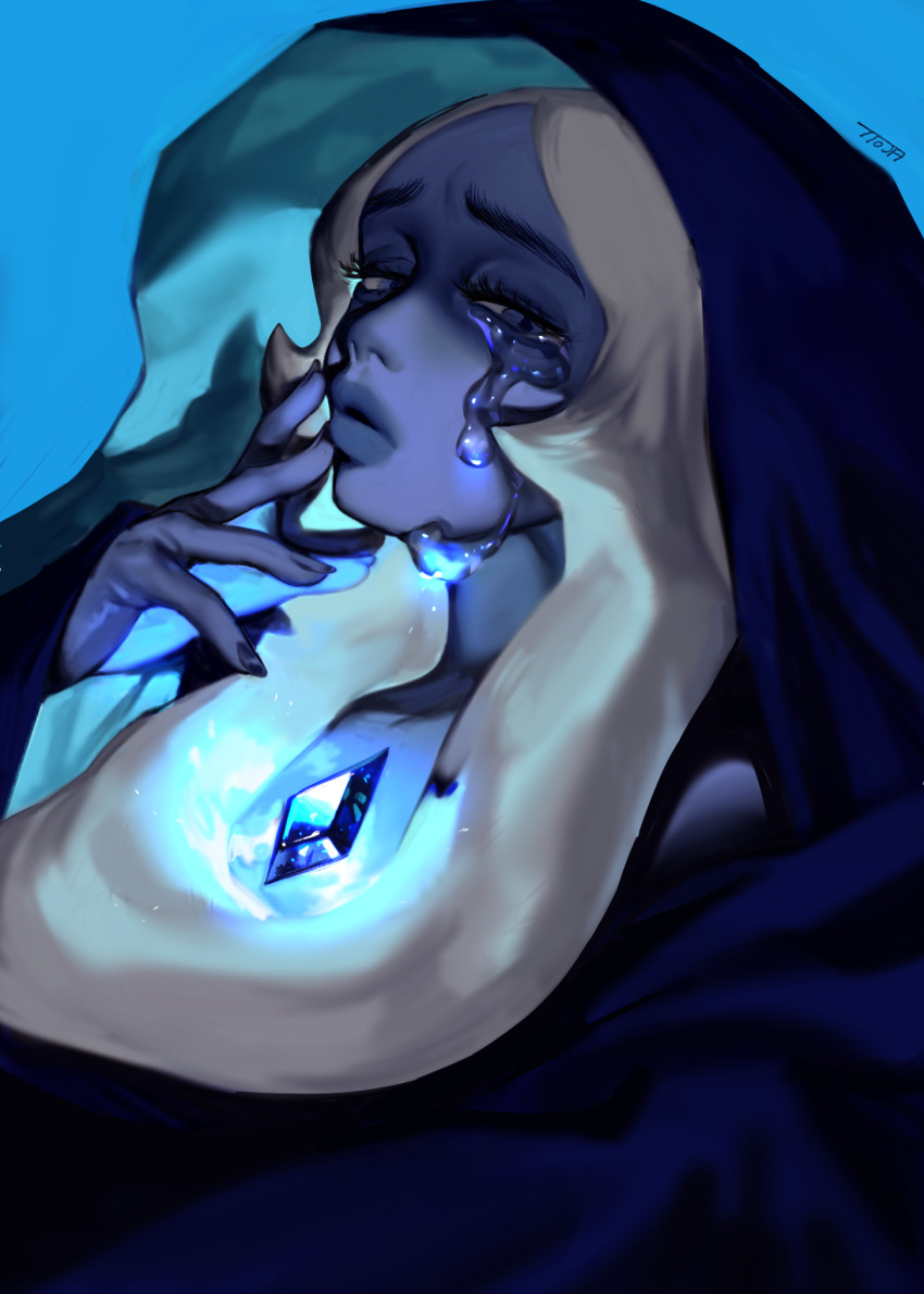 1girl, alien, blue_diamond_(steven_universe), blue_eyes, blue_skin, chest_jewel, colored_skin, diamond_(shape)