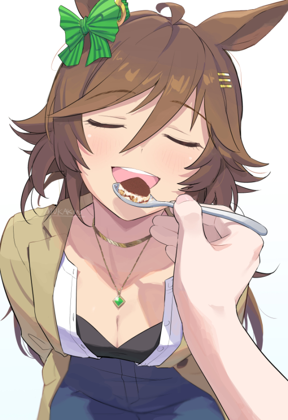 1girl, 1other, animal_ears, bow, breasts, brown_hair, casual, cleavage