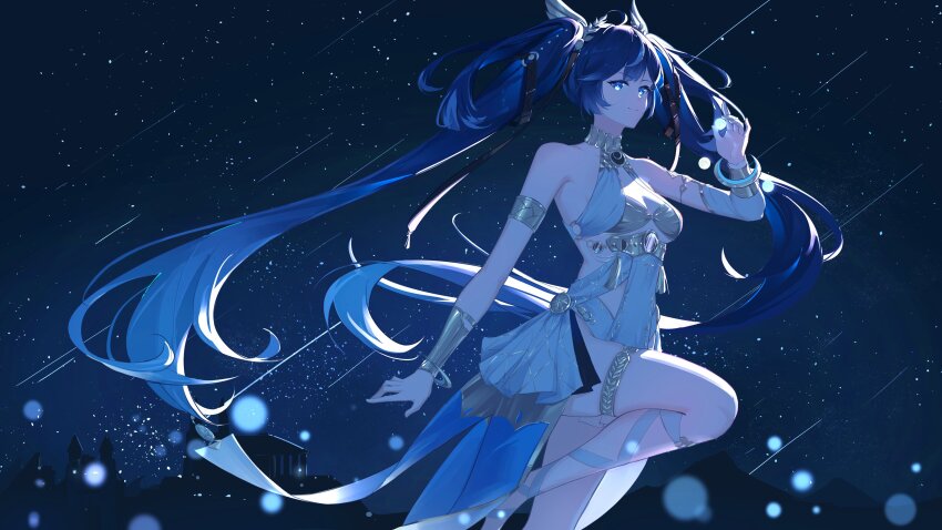 1girl, absurdres, ancient_greek_clothes, armlet, bare_shoulders, blue_eyes, blue_hair, breasts