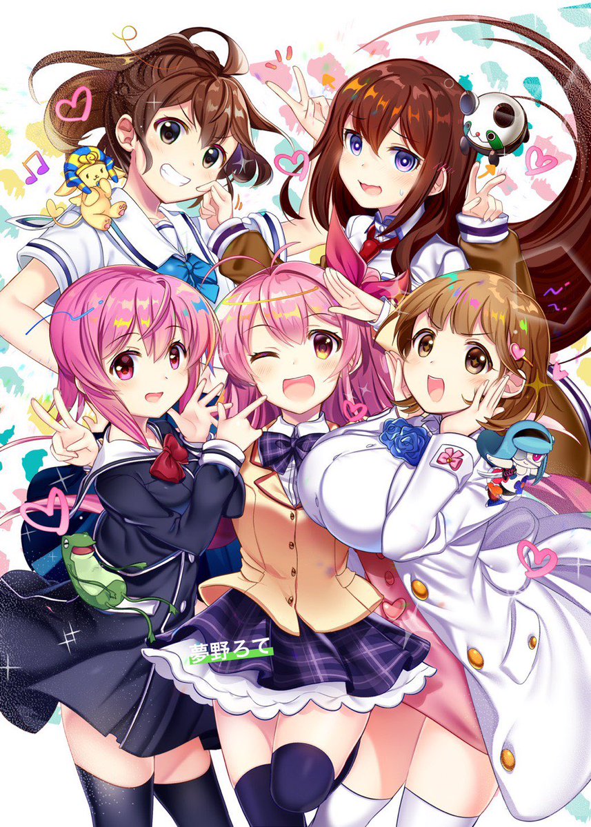 5girls, ;d, arm_belt, belt, black_pantyhose, black_shorts, black_thighhighs, blazer