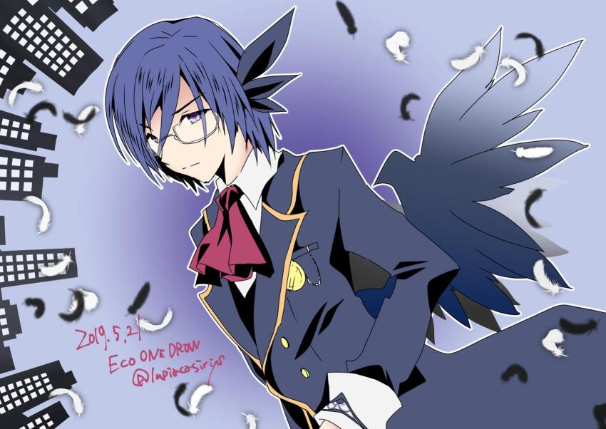 1boy, black_feathers, blue_hair, blue_jacket, blue_wings, bow, bowtie, dated