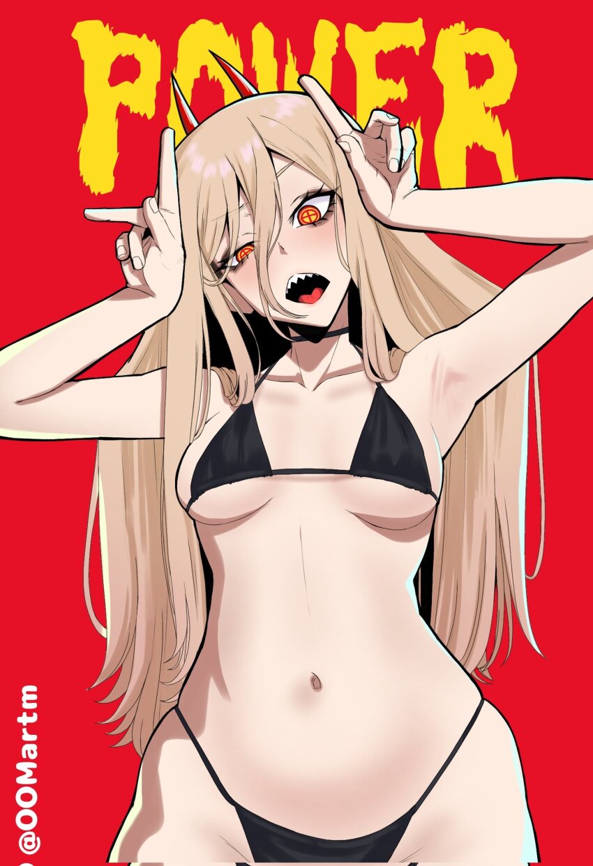 1girl, armpits, bikini, black_bikini, black_eyeshadow, blonde_hair, breasts, chainsaw_man