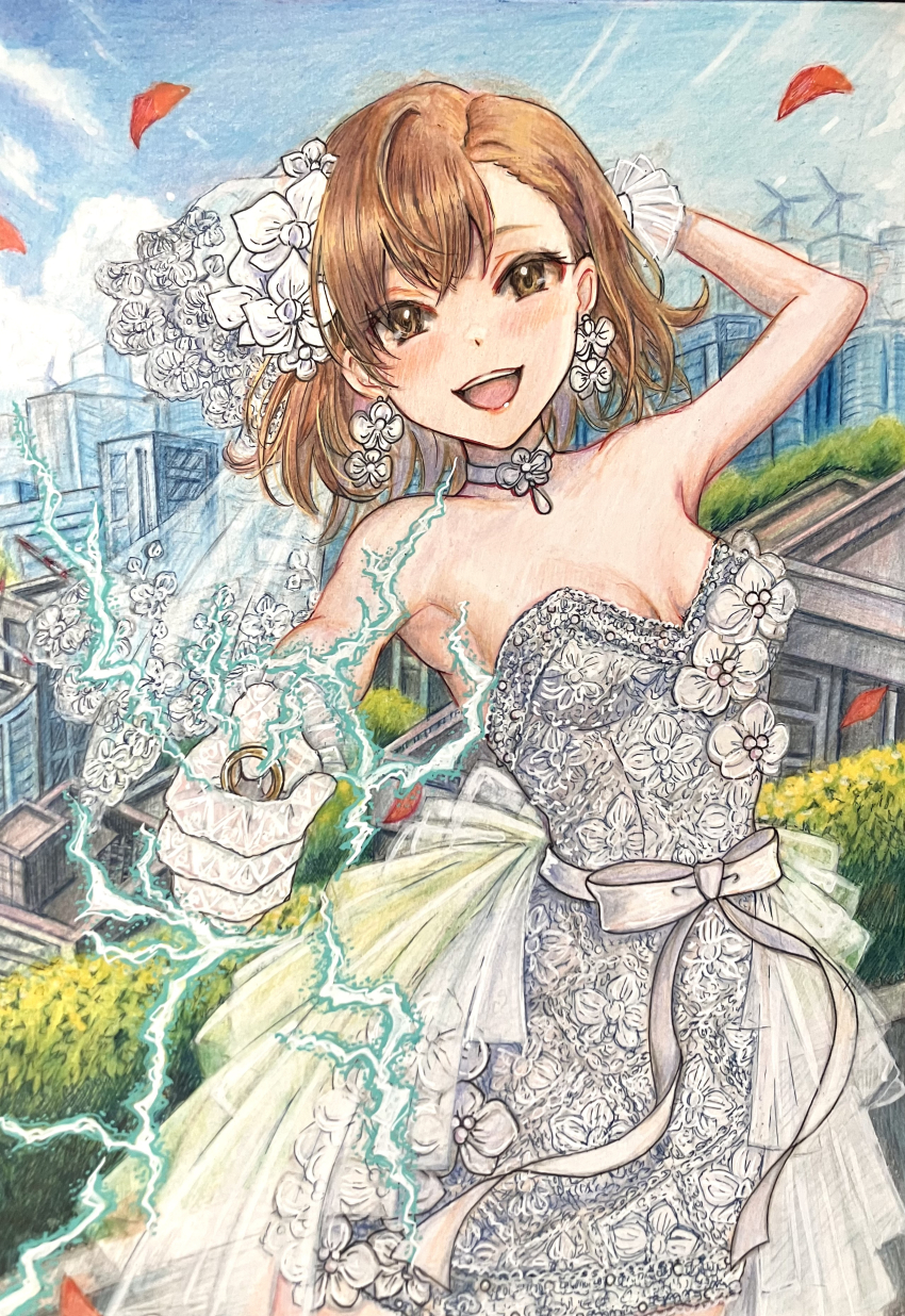 1girl, :d, absurdres, academy_city, aiming, aiming_at_viewer, alternate_costume, arm_behind_head