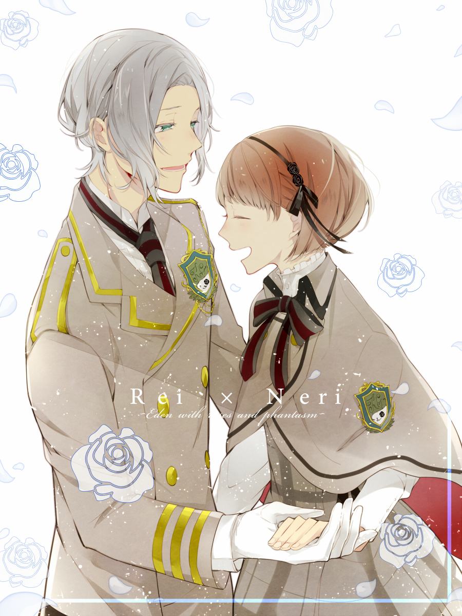 5574iahu, black_ribbon, blue_flower, blue_rose, brown_hair, dress, flower, fujieda_neri