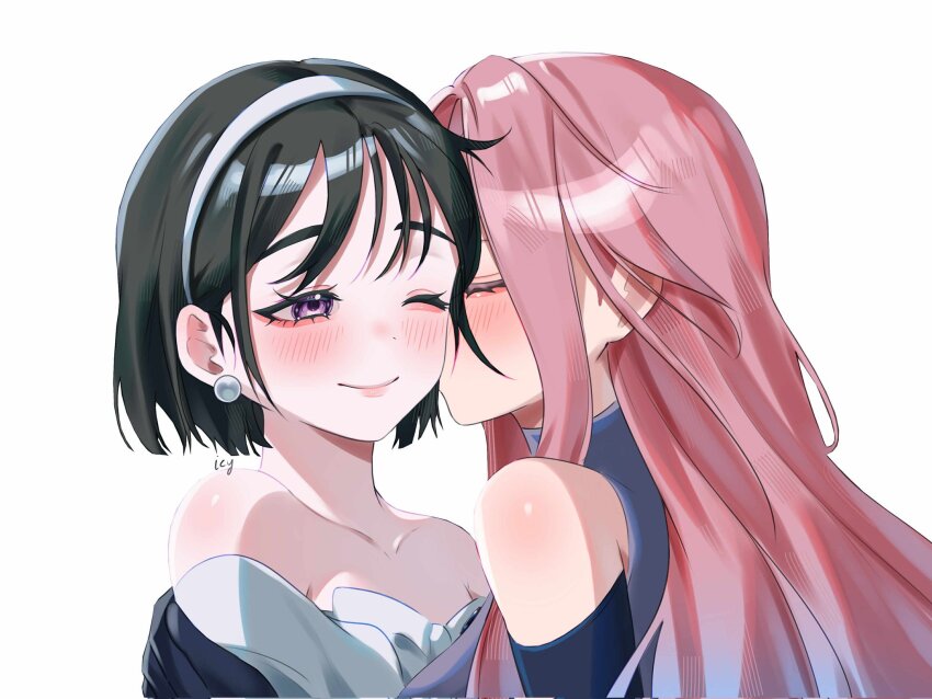 2girls, aegyo_sal, alien_stage, bare_shoulders, black_hair, blush, choppy_bangs, closed_eyes