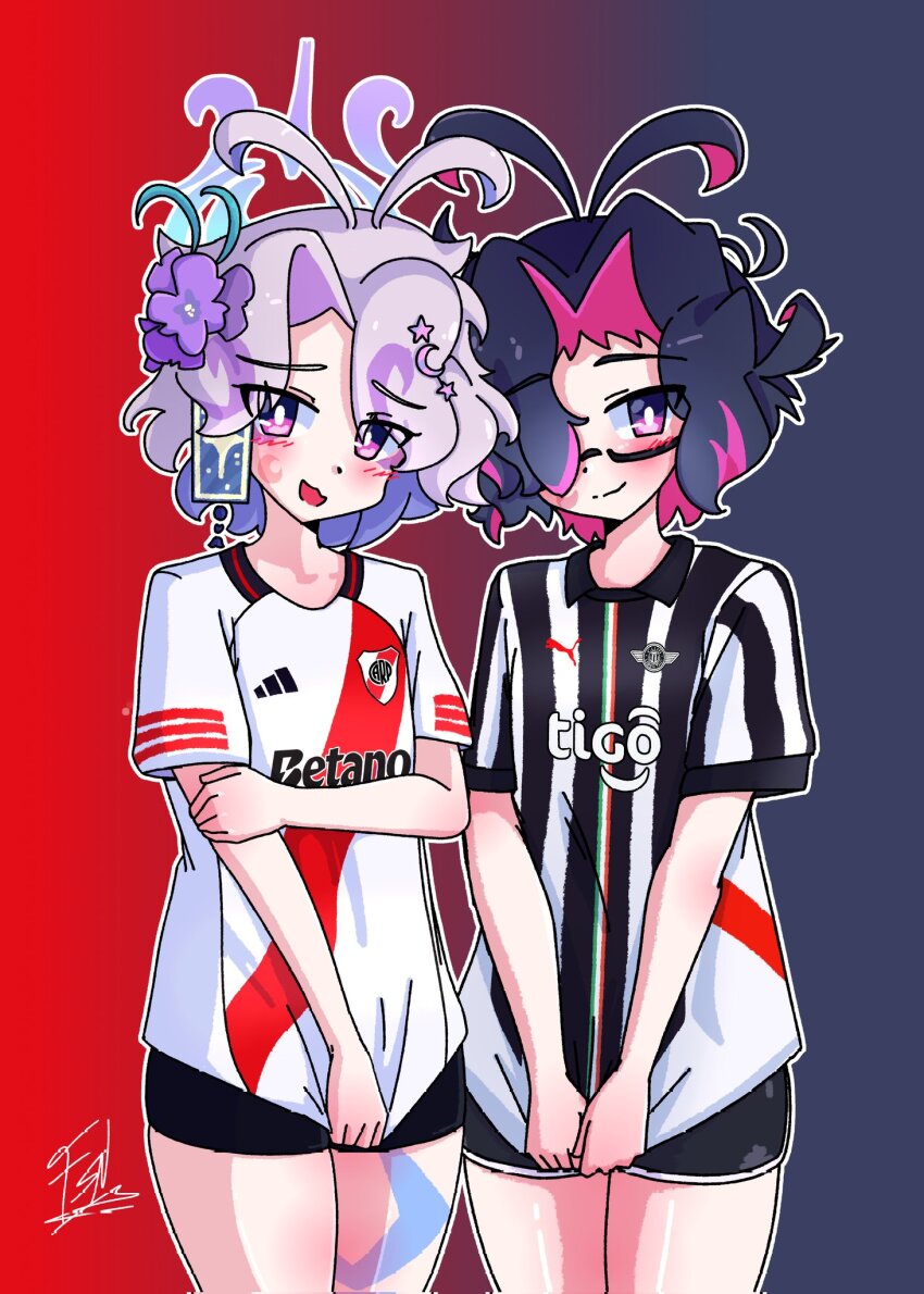 ahoge, dual_persona, flower, frasenu, halo, highres, purple_eyes, purple_hair