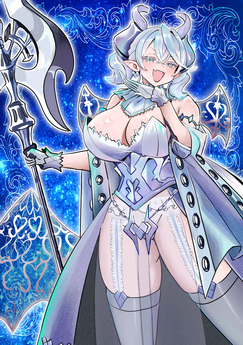 1girl, absurdres, bare_shoulders, blush, breasts, cleavage, cowboy_shot, demon_girl, demon_horns, demon_wings, detached_collar, detached_sleeves, duel_monster, earrings, fang, garter_belt, grey_eyes, highres, holding, holding_polearm, holding_weapon, horns, huge_breasts, jewelry, lovely_labrynth_of_the_silver_castle, medium_hair, multiple_wings, ojou-sama_pose, open_mouth, pelvic_curtain, pointy_ears, polearm, see-through_clothes, see-through_pelvic_curtain, shiny_skin, short_twintails, skin_fang, skindentation, slit_pupils, smile, smug, solo, thick_thighs, thighhighs, thighs, transparent_wings, twintails, weapon, white_hair, white_thighhighs, wings, xzon_(chai_z), yu-gi-oh!