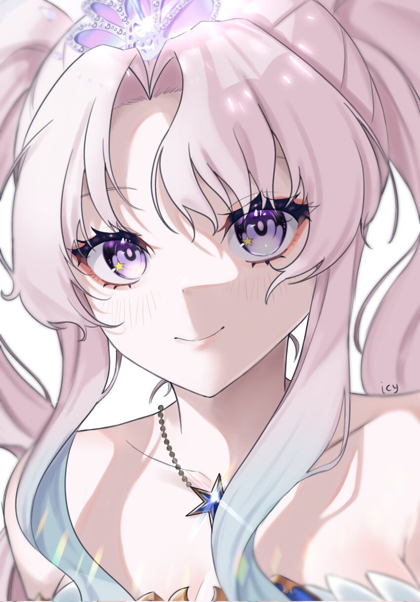 1girl, airani_iofifteen, airani_iofifteen_(sci-fi_princess), armpit_crease, bare_shoulders, closed_mouth, commentary, curtained_hair