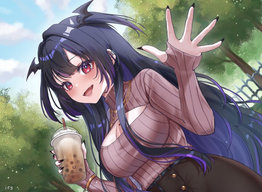 1girl, black_hair, black_nails, black_skirt, blush, breasts, brown_sweater, bubble_tea