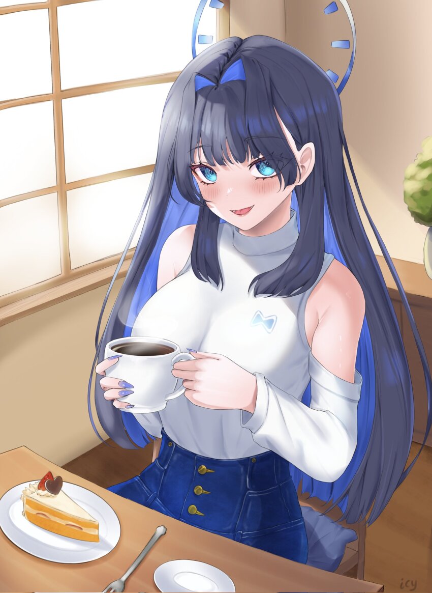 1girl, bare_shoulders, blue_eyes, blue_hair, blue_nails, blue_pants, blush, breasts, cake, cake_slice, clothing_cutout, colored_inner_hair, commentary, cup, denim, english_commentary, fingernails, food, hair_intakes, high-waist_pants, highres, holding, holding_cup, hololive, hololive_english, icy_artzy, indoors, jeans, large_breasts, long_hair, long_sleeves, looking_at_viewer, multicolored_hair, nail_polish, official_alternate_costume, official_alternate_hairstyle, open_mouth, ouro_kronii, ouro_kronii_(casual), pants, parted_hair, plate, shirt, shoulder_cutout, sitting, smile, solo, steaming_cup, table, turtleneck, turtleneck_shirt, virtual_youtuber, white_shirt, window, wispy_bangs