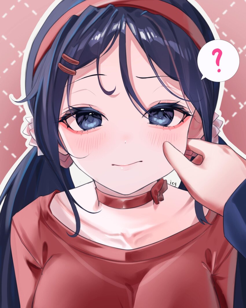 1girl, ?, aegyo_sal, blue_eyes, blue_hair, blush, breasts, cheek_pinching, choker, closed_mouth, collarbone, commentary, crazy_mita_(miside), english_commentary, hair_ornament, hairband, hairclip, highres, icy_artzy, large_breasts, long_hair, looking_at_viewer, miside, mita_(miside), parallel_hairclips, pinching, pink_background, pov, pov_hands, red_choker, red_hairband, red_shirt, shirt, solo_focus, spoken_question_mark, straight-on, upper_body