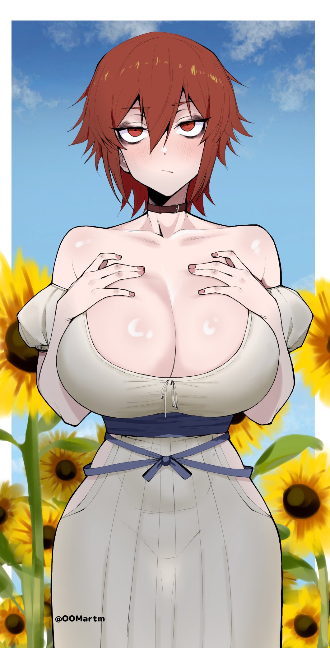 1girl, :/, aizawa_tomo, armpits, bare_shoulders, belt_collar, black_eyeshadow, blue_ribbon, blue_sky, blush, border, breasts, brown_choker, choker, cleavage, closed_mouth, clothing_cutout, cloud, collar, collarbone, commentary, cowboy_shot, day, dot_nose, dress, eyelashes, eyeshadow, field, flower, flower_field, hair_between_eyes, hands_on_own_chest, highres, hip_vent, huge_breasts, looking_at_viewer, makeup, nature, oomartm, outdoors, outside_border, photo_background, pink_nails, puffy_short_sleeves, puffy_sleeves, red_eyes, red_hair, ribbon, short_sleeves, sky, solo, standing, sunflower, sunflower_field, tomo-chan_wa_onna_no_ko, twitter_username, variant_set, waist_ribbon, white_border, white_dress