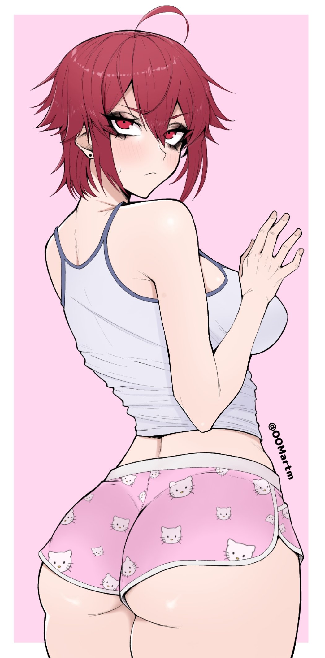 1girl, ahoge, aizawa_tomo, ass, bare_shoulders, black_eyeshadow, blush, border, breasts, closed_mouth, commentary, earrings, eyelashes, eyeshadow, from_behind, frown, hair_between_eyes, hand_up, hello_kitty_print, highres, jewelry, large_breasts, looking_at_viewer, looking_back, makeup, nose, oomartm, outside_border, pink_background, pink_shorts, red_eyes, red_hair, short_hair, short_shorts, shorts, simple_background, solo, stud_earrings, sweatdrop, tank_top, thick_thighs, thighs, tomboy, tomo-chan_wa_onna_no_ko, twitter_username, white_border, white_tank_top