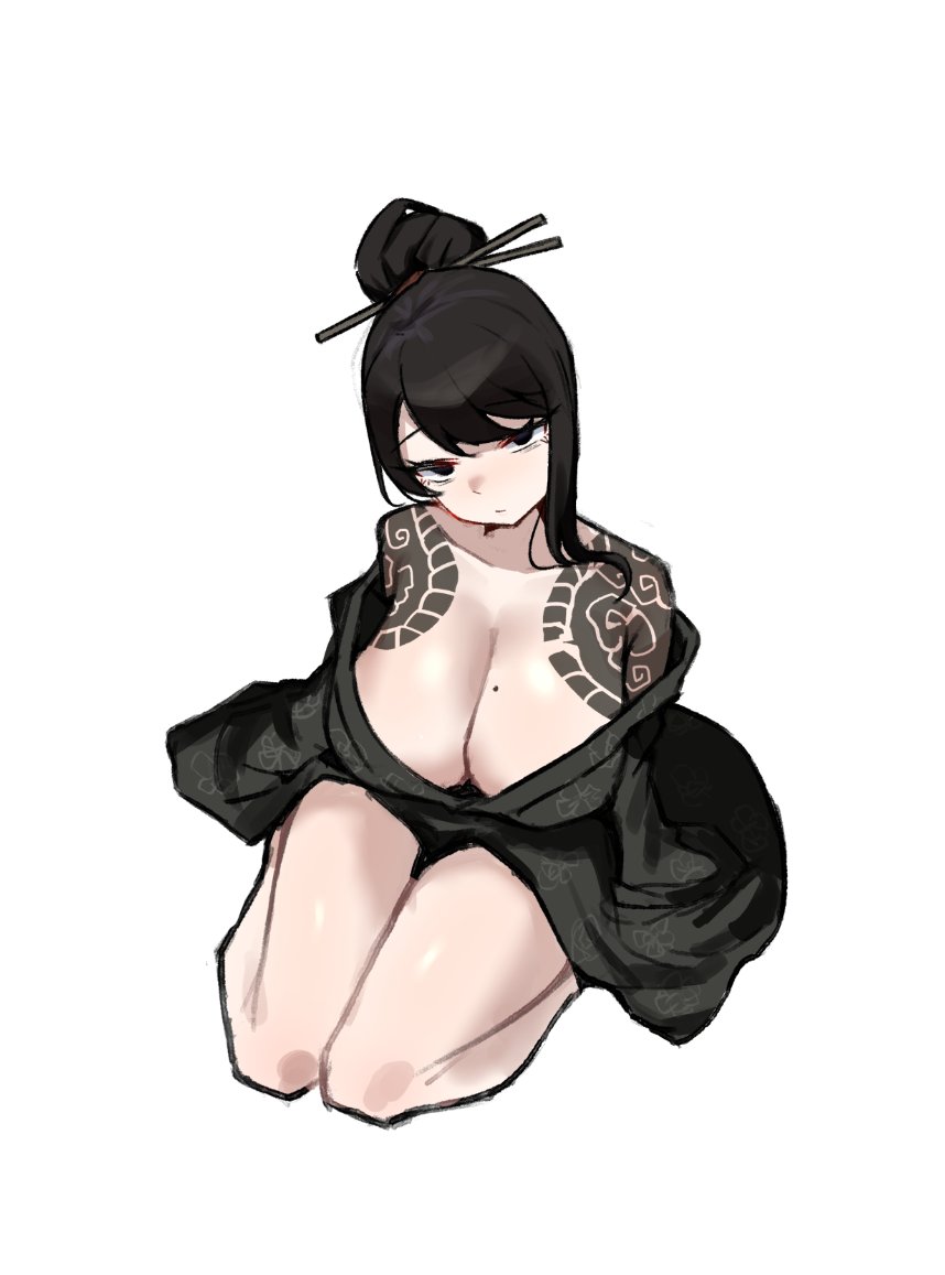 1girl, bare_shoulders, black_eyes, black_hair, black_kimono, breasts, catnip_scent, cleavage