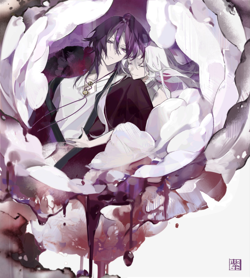 1boy, 1girl, absurdres, ambiguous_red_liquid, bell, closed_eyes, couple, dress, expressionless, flower, hair_between_eyes, hetero, highres, hug, hug_from_behind, in_flower, jacket, jewelry, long_hair, looking_at_viewer, medium_hair, neck_bell, off_shoulder, olympia_(olympia_soiree), olympia_soiree, open_collar, parted_bangs, pendant, purple_eyes, purple_hair, purple_jacket, purple_theme, seal_impression, shirt, smile, tita_(titanaaaaa), white_background, white_dress, white_flower, white_hair, white_shirt, yosuga_(olympia_soiree)