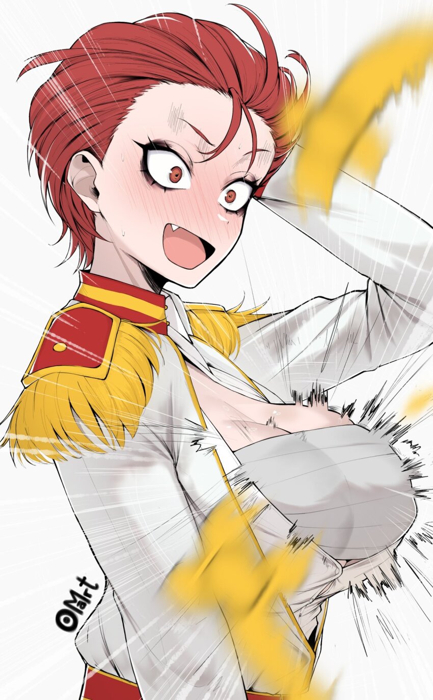 1girl, aizawa_tomo, artist_name, bandaged_chest, black_eyeshadow, blurry, blurry_foreground, blush