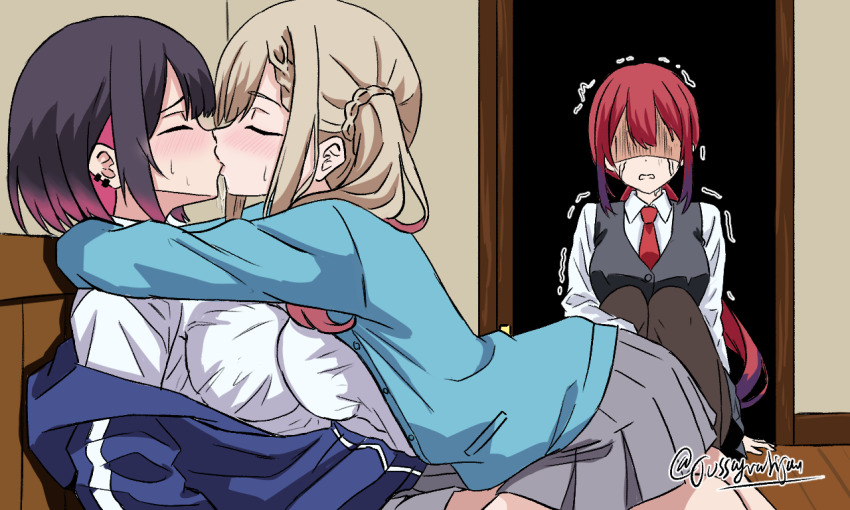 3girls, bad_girl_(manga), black_hair, black_pantyhose, black_vest, blonde_hair, blue_cardigan, blue_jacket