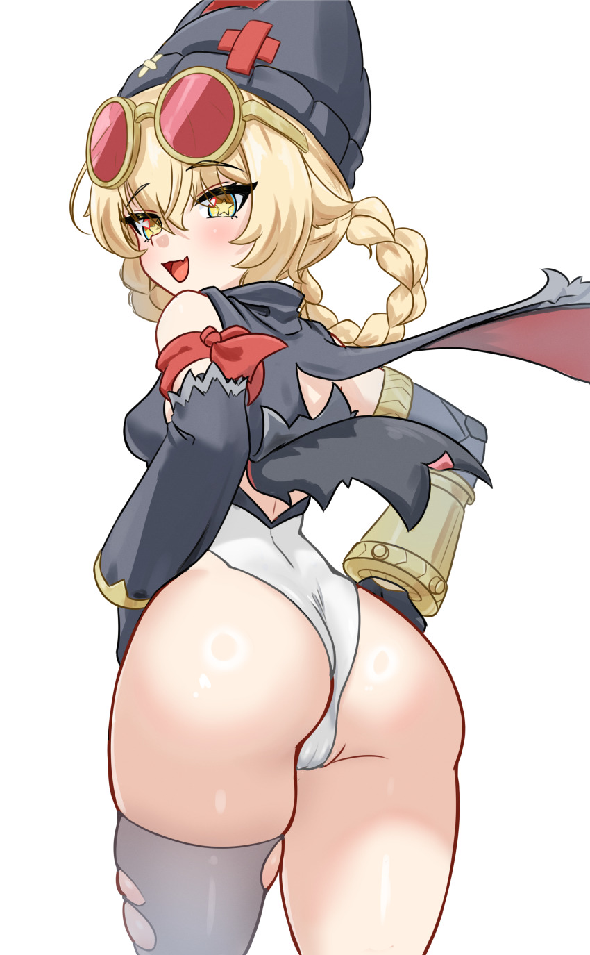 1girl, absurdres, ass, bare_shoulders, blonde_hair, blush, braid, breasts