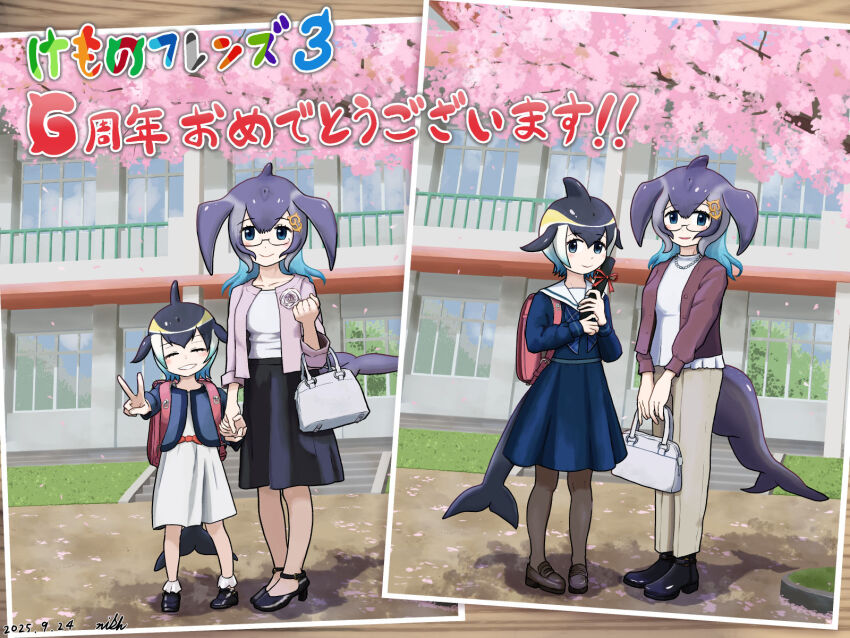 2girls, age_progression, aged_down, alternate_costume, anchor_hair_ornament, backpack, bag, black_boots