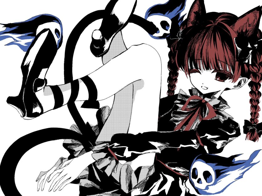 1girl, ;d, animal_ears, black_shoes, braid, cat_ears, cat_girl, cat_tail