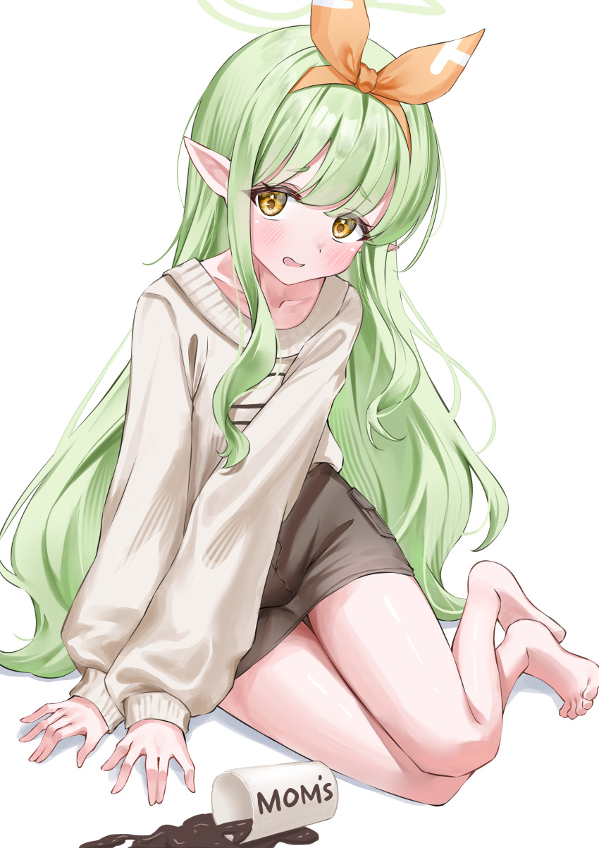 1girl, absurdres, barefoot, blue_archive, commentary_request, green_hair, halo, highres, hikari_(blue_archive), hikari_(mom's_touch)_(blue_archive), long_hair, official_alternate_costume, partial_commentary, pointy_ears, skirt, solo, wfa5051, white_background