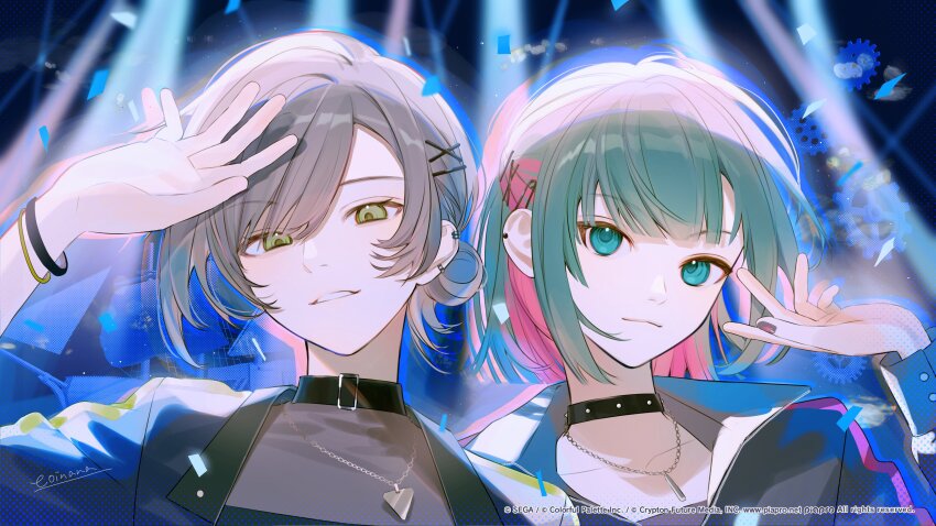 2girls, absurdres, asymmetrical_sidelocks, black_choker, black_jacket, bracelet, choker, closed_mouth