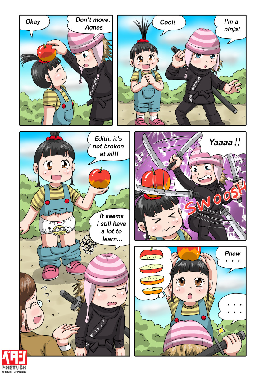 >_<, ..., 3girls, absurdres, agnes_(despicable_me), apple, arms_up, beanie